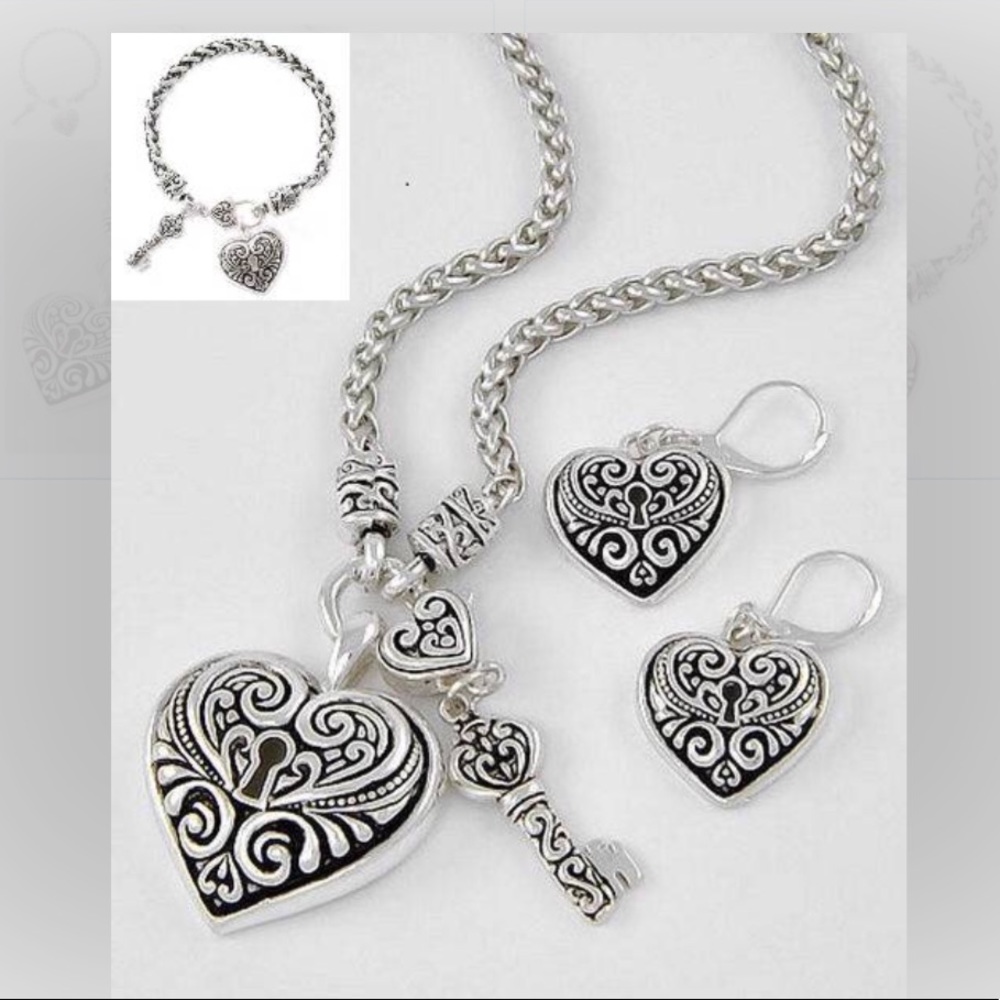 Heart & Key Silver Necklace Bracelet & Earrings